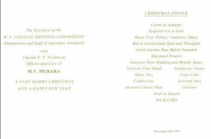 Menu from Stateships MV Pilbara